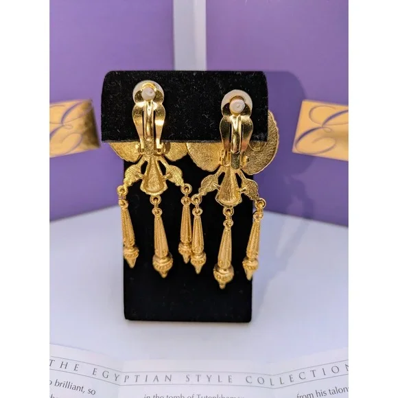 Elizabeth Taylor Avon Egyptian Revival Falcon Clip Earrings Gold 3in Vintage Set